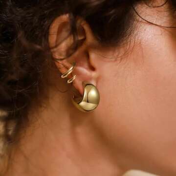 KissYan Chunky Gold Hoop Earrings for Women, 14K Gold Plated Lightweight Hollow Open Hoops Thick Teardrop Earrings Sterling Silver Post Fashion Jewelry Gifts(Style9-G)