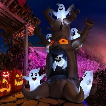 GOOSH 8 FT Halloween Inflatable Dead Tree Outdoor Decorations Blow Up Yard Scary Animated Tree and White Ghost with Built-in LEDs for Outdoor Garden Lawn Party Decor (Tree Ghost 1)