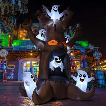 GOOSH 8 FT Halloween Inflatable Dead Tree Outdoor Decorations Blow Up Yard Scary Animated Tree and White Ghost with Built-in LEDs for Outdoor Garden Lawn Party Decor (Tree Ghost 1)