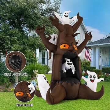 GOOSH 8 FT Halloween Inflatable Dead Tree Outdoor Decorations Blow Up Yard Scary Animated Tree and White Ghost with Built-in LEDs for Outdoor Garden Lawn Party Decor (Tree Ghost 1)