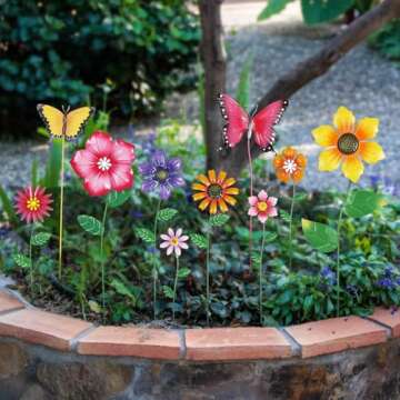 Hogardeck Vibrant Metal Flower Garden Stakes - Set of 10 for Outdoor Decor