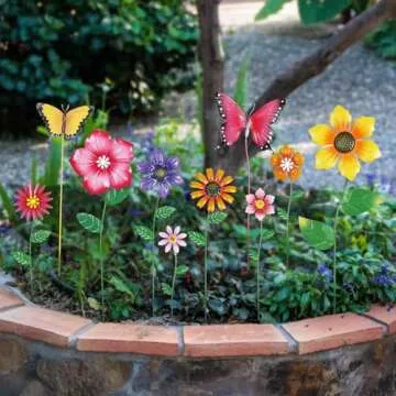 Hogardeck Vibrant Metal Flower Garden Stakes - Set of 10 for Outdoor Decor