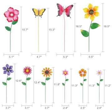 Colorful Metal Flower Garden Stakes - Set of 10