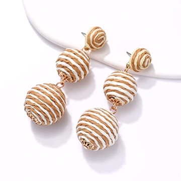 Boho Raffia Ball Long Earrings Multicolor Handmade Dangle Drop Earrings Bohemian Summer Beach Rattan Earrings-Brown+White