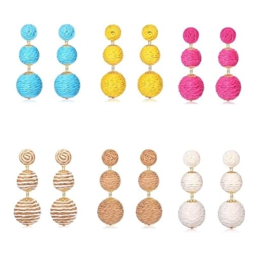 Boho Raffia Ball Long Earrings Multicolor Handmade Dangle Drop Earrings Bohemian Summer Beach Rattan Earrings-Brown+White