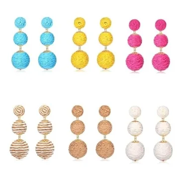 Boho Raffia Ball Long Earrings Multicolor Handmade Dangle Drop Earrings Bohemian Summer Beach Rattan Earrings-Brown+White