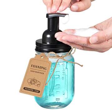 SheeChung Mason Jar Foaming Soap Dispenser - Rustproof Stainless Steel Lid&Foaming Soap Pump,Best Hand Foam Soap Dispenser Glass for Bathroom Vanities or Kitchen Sink,Countertops - Black (2 pk)