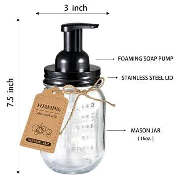 SheeChung Mason Jar Foaming Soap Dispenser - Rustproof Stainless Steel Lid&Foaming Soap Pump,Best Hand Foam Soap Dispenser Glass for Bathroom Vanities or Kitchen Sink,Countertops - Black (2 pk)