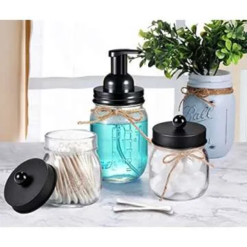 SheeChung Mason Jar Foaming Soap Dispenser - Rustproof Stainless Steel Lid&Foaming Soap Pump,Best Hand Foam Soap Dispenser Glass for Bathroom Vanities or Kitchen Sink,Countertops - Black (2 pk)