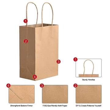 Brothersbox Small Brown Paper Bags With Handles 50Pcs 5.25x3.25x8 Inch, Kraft Paper Bags With Handles For Business Retail Shopping Party Grocery Favors Birthday