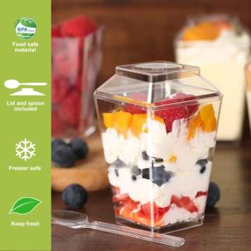HawHawToys Dessert Cups, 60 Pack 5.4oz Appetizer / Parfait Cups Clear Plastic with Lids and Spoons