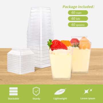 HawHawToys Dessert Cups, 60 Pack 5.4oz Appetizer / Parfait Cups Clear Plastic with Lids and Spoons