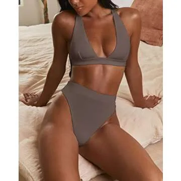 fatty tiger Women Cheeky Thong High Waist Swimsuit Two Pieces Push Up Brazilian Bikini Coffee S