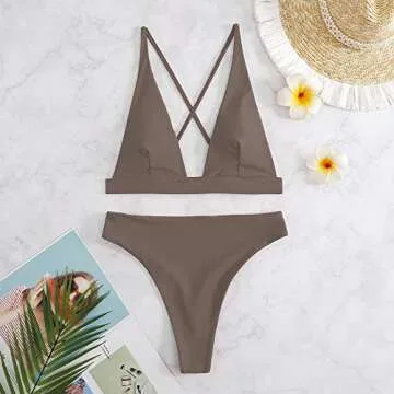 fatty tiger Women Cheeky Thong High Waist Swimsuit Two Pieces Push Up Brazilian Bikini Coffee S