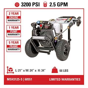 SIMPSON 3200PSI Gas Pressure Washer, 2.5GPM, Honda GC190 Engine, Spray Gun, 5 Nozzle Tips, 25ft Hose, 49 States