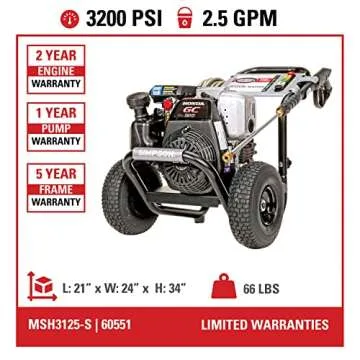 SIMPSON 3200PSI Gas Pressure Washer, 2.5GPM, Honda GC190 Engine, Spray Gun, 5 Nozzle Tips, 25ft Hose, 49 States