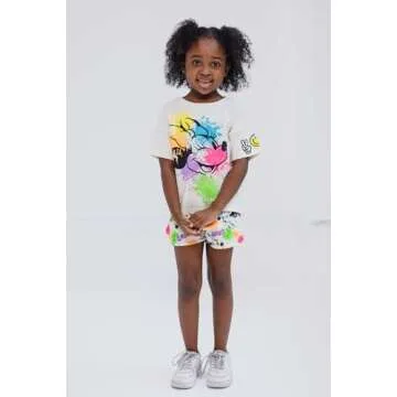 Disney Minnie Mouse Little Girls T-Shirt and French Terry Dolphin Shorts Outfit Set Rainbow Paint Sp...