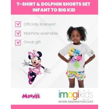 Disney Minnie Mouse Little Girls T-Shirt and French Terry Dolphin Shorts Outfit Set Rainbow Paint Splatter 7-8