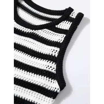 Sidefeel Summer Dresses for Women 2024 Casual Crewneck Sleeveless Sun Dress Hollow Out Crochet Knit Dress S Black