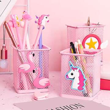 Trycooling 2 Pack Metal Cute Pen Pencil Holder Office Home Desk Square Pencil Cup Caddy Box Makeup Brush Holders for Girls (Square)