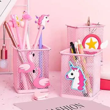 Trycooling 2 Pack Metal Cute Pen Pencil Holder Office Home Desk Square Pencil Cup Caddy Box Makeup Brush Holders for Girls (Square)