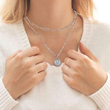 Silver Layered Necklaces for Women, Silver Paperclip Chain Necklaces Initial Coin Pendant Necklaces ...
