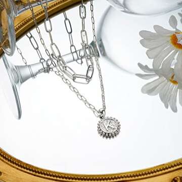 Silver Layered Necklaces for Women, Silver Paperclip Chain Necklaces Initial Coin Pendant Necklaces Layered Letter A-Z Initial Necklaces for Women Girls Jewelry Gifts, Brass, Cubic Zirconia