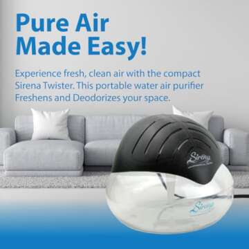 Sirena Twister Air Purifier (Black) - Water Filter Air Washer For Home and Office - Essential Oil Aroma Diffuser With LED Night light - Small Air Cleaner For Smoke and Pets
