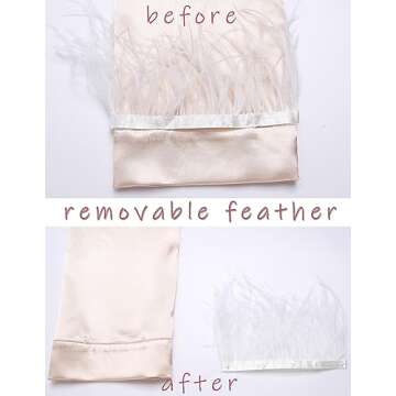 Ekouaer Women's Bridal Feather Trim Silk Satin Pajama Set Long Sleeve Lounge Sets Sleepwear (Removable Feather) Pink XXX-Large