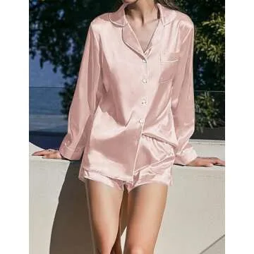 Ekouaer Women's Bridal Feather Trim Silk Satin Pajama Set Long Sleeve Lounge Sets Sleepwear (Removable Feather) Pink XXX-Large