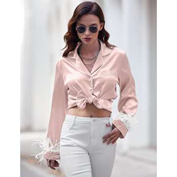 Ekouaer Women's Bridal Feather Trim Silk Satin Pajama Set Long Sleeve Lounge Sets Sleepwear (Removable Feather) Pink XXX-Large