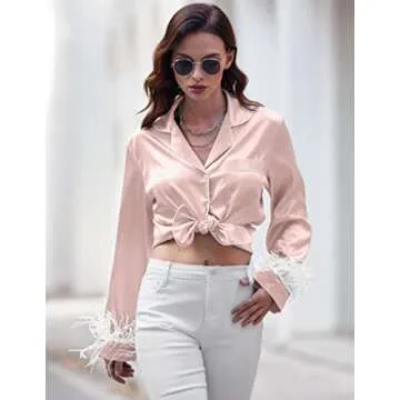 Ekouaer Women's Bridal Feather Trim Silk Satin Pajama Set Long Sleeve Lounge Sets Sleepwear (Removable Feather) Pink XXX-Large