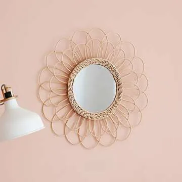 OYPEIP 22" Large Rattan B Innovative Art Decoration Round Makeup Mirror Dressing Bedroom Bathroom Wall Hanging Mirrors Craft Photo Props,Glass Decor