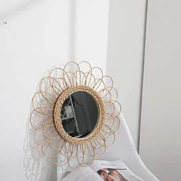 OYPEIP 22" Large Rattan B Innovative Art Decoration Round Makeup Mirror Dressing Bedroom Bathroom Wall Hanging Mirrors Craft Photo Props,Glass Decor