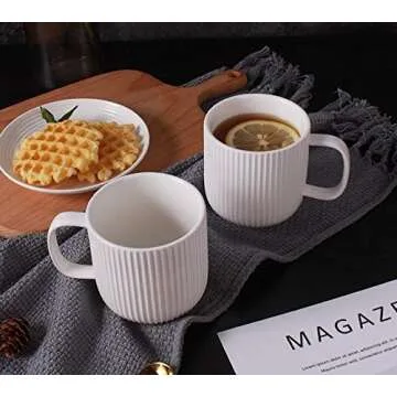 Porcelain White Mugs for Coffee, Tea, Cocoa, Set of 4, 12 oz, Lined Texture, Matte