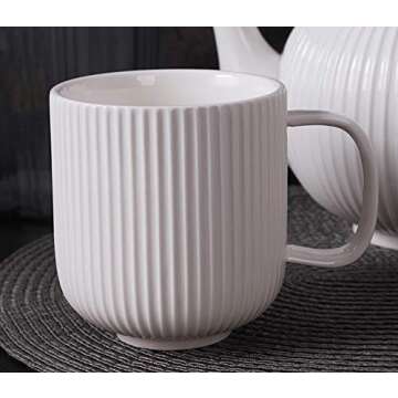 Porcelain White Mugs for Coffee, Tea, Cocoa, Set of 4, 12 oz, Lined Texture, Matte
