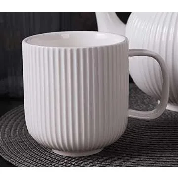 Porcelain White Mugs for Coffee, Tea, Cocoa, Set of 4, 12 oz, Lined Texture, Matte
