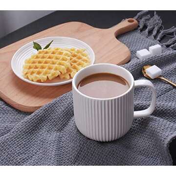 Porcelain White Mugs for Coffee, Tea, Cocoa, Set of 4, 12 oz, Lined Texture, Matte