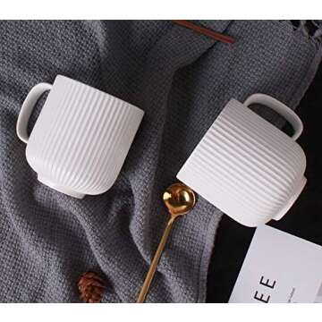 Porcelain White Mugs for Coffee, Tea, Cocoa, Set of 4, 12 oz, Lined Texture, Matte