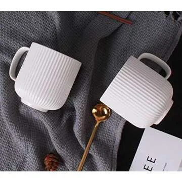 Porcelain White Mugs for Coffee, Tea, Cocoa, Set of 4, 12 oz, Lined Texture, Matte