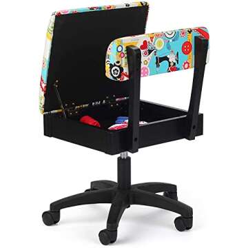 Arrow Sewing H6880 Adjustable Height Hydraulic Sewing and Craft Chair with Under Seat Storage and Printed Fabric, SEW Now SEW Wow Print