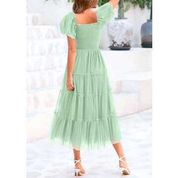 PRETTYGARDEN Women's Smocked Midi Tulle Dress 2025 Summer Puffy Short Sleeve Square Neck Ruffle Wedd...
