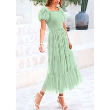 PRETTYGARDEN Women's Smocked Midi Tulle Dress 2025 Summer Puffy Short Sleeve Square Neck Ruffle Wedding Guest Party Dresses (Light Green,Small)