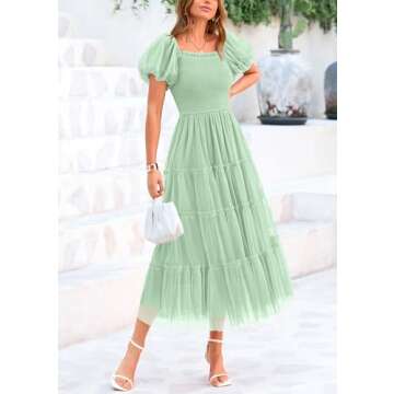 PRETTYGARDEN Women's Smocked Midi Tulle Dress 2025 Summer Puffy Short Sleeve Square Neck Ruffle Wedding Guest Party Dresses (Light Green,Small)