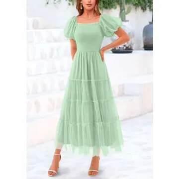 PRETTYGARDEN Women's Smocked Midi Tulle Dress 2025 Summer Puffy Short Sleeve Square Neck Ruffle Wedding Guest Party Dresses (Light Green,Small)