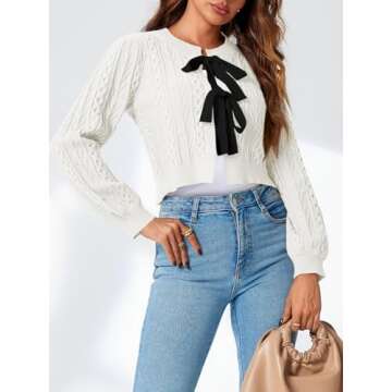 Saodimallsu Womens Cropped Cable Knit Cardigan Sweaters Long Sleeve Bow Tie Front Crew Neck Chunky S...