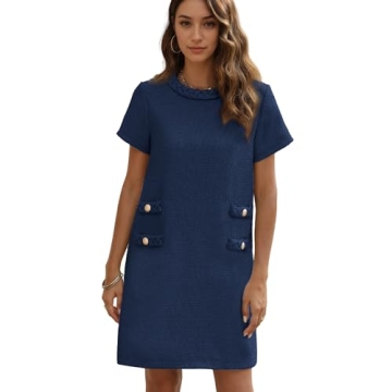 SeeLuNa Women's Tweed Dress Short Sleeve Crew Neck A-line Party Vintage Mini Dress