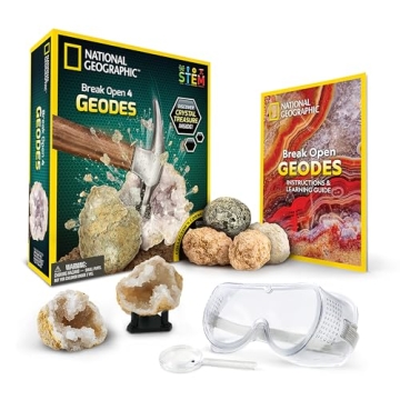 NATIONAL GEOGRAPHIC Break Open 4 Geodes Science Kit – Includes Goggles and Display Stand - STEM Sc...