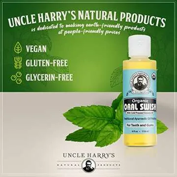 Uncle Harry's Certified Organic Oral Swish for Ayurvedic Oil Pulling | Sesame Oil, Oregano, & Clove | Whitening Mouthwash Treatment for Healthy Teeth & Gums (4 oz)