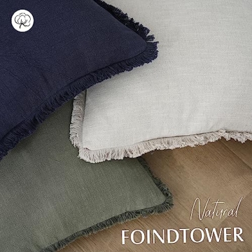 Foindtower Natural Linen Fringe Pillow Covers - Olive Green